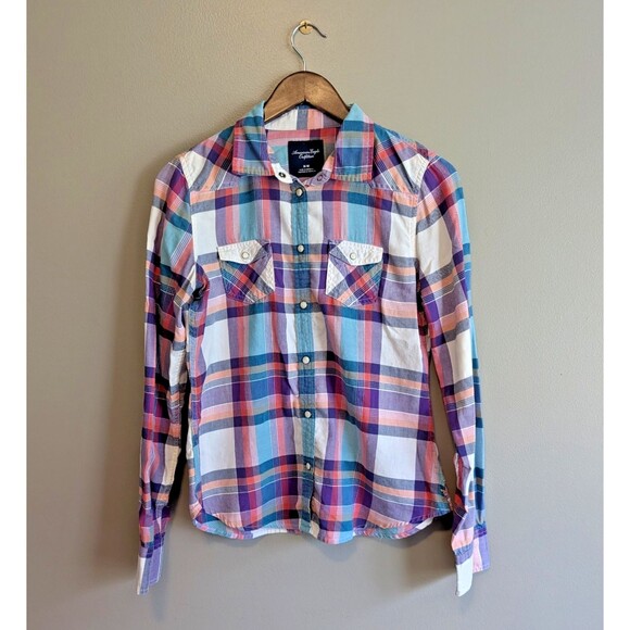 American Eagle Outfitters Tops - American Eagle Size Medium Pearl Snap Top Womens Plaid Shirt Multi Color Western